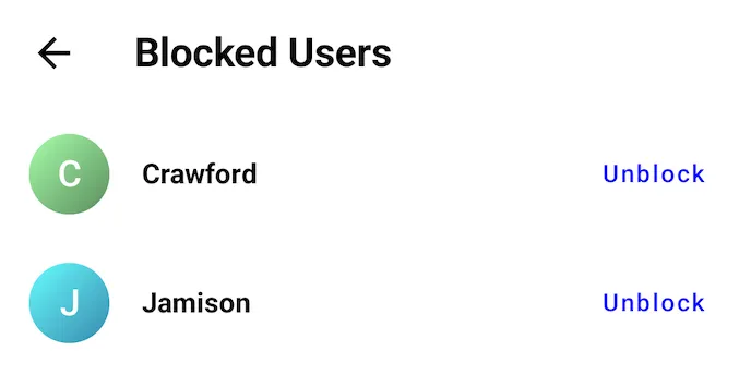 Screenshot showing the blocked users UI