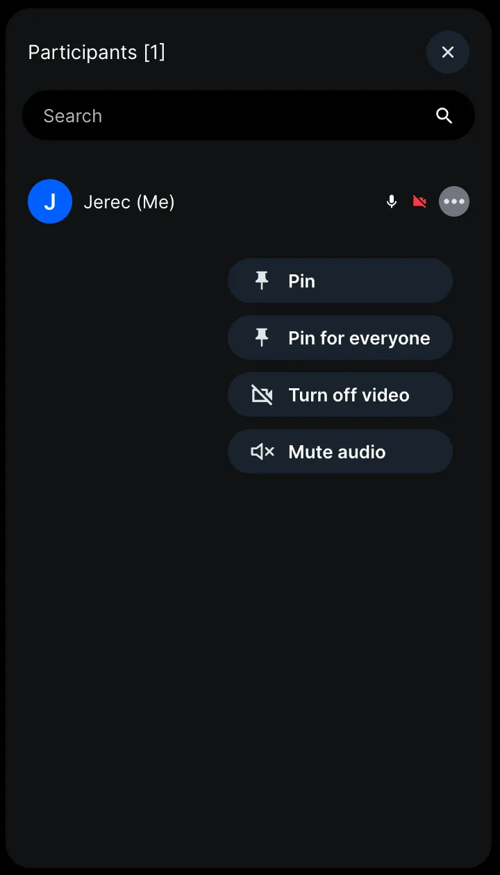 Default UI of call participant list with user actions menu