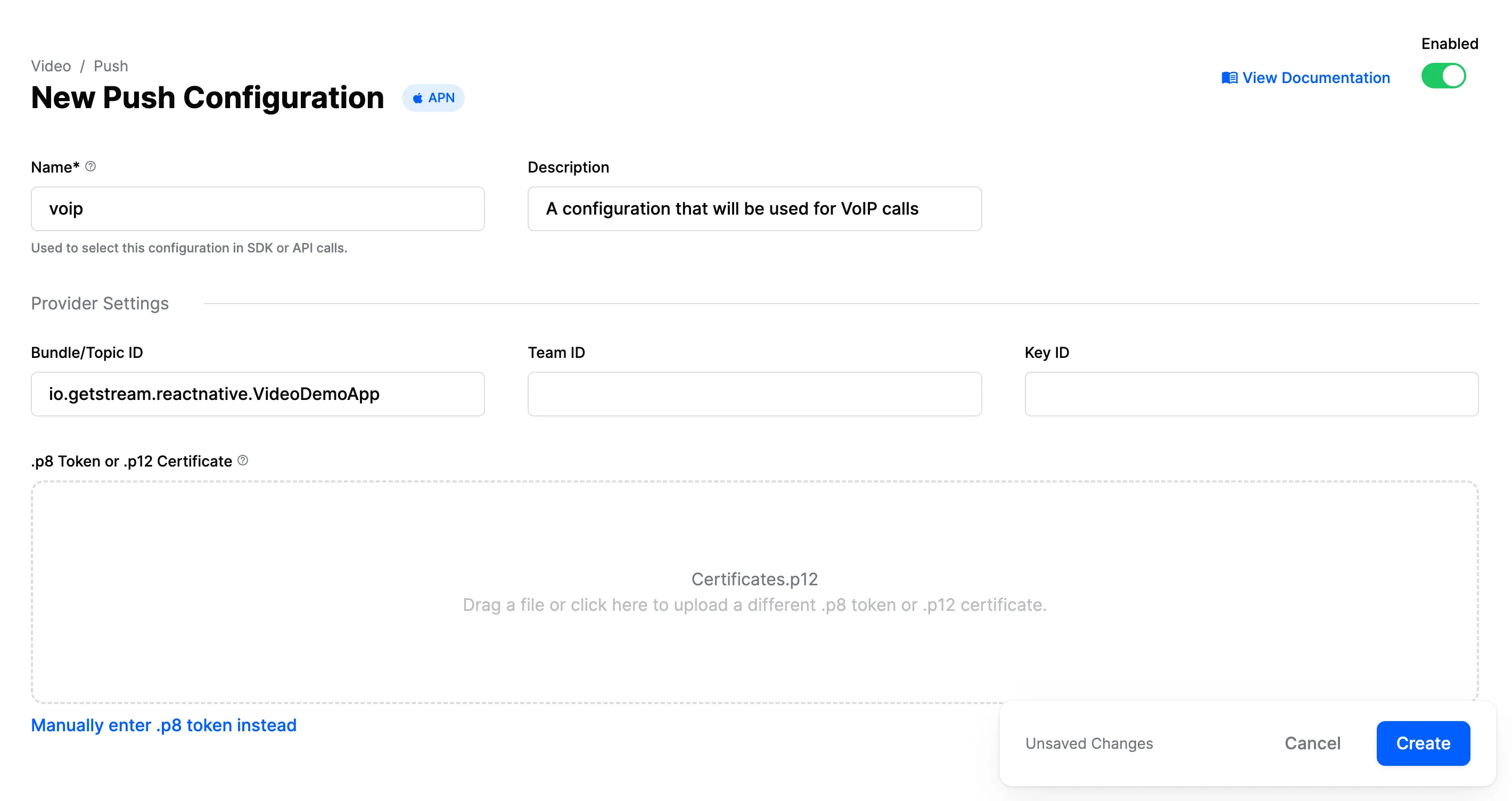 Screenshot shows the creation of a VoIP certificate