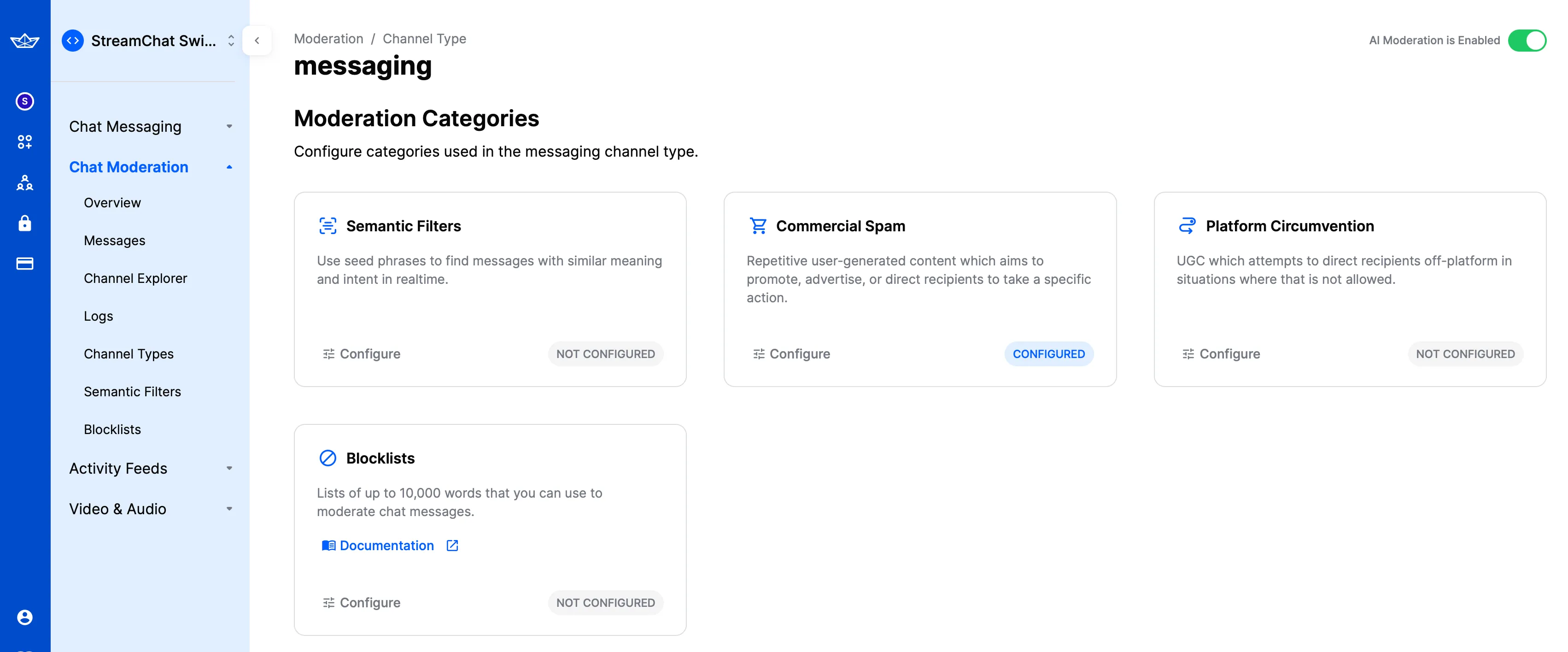 Dashboard moderation categories