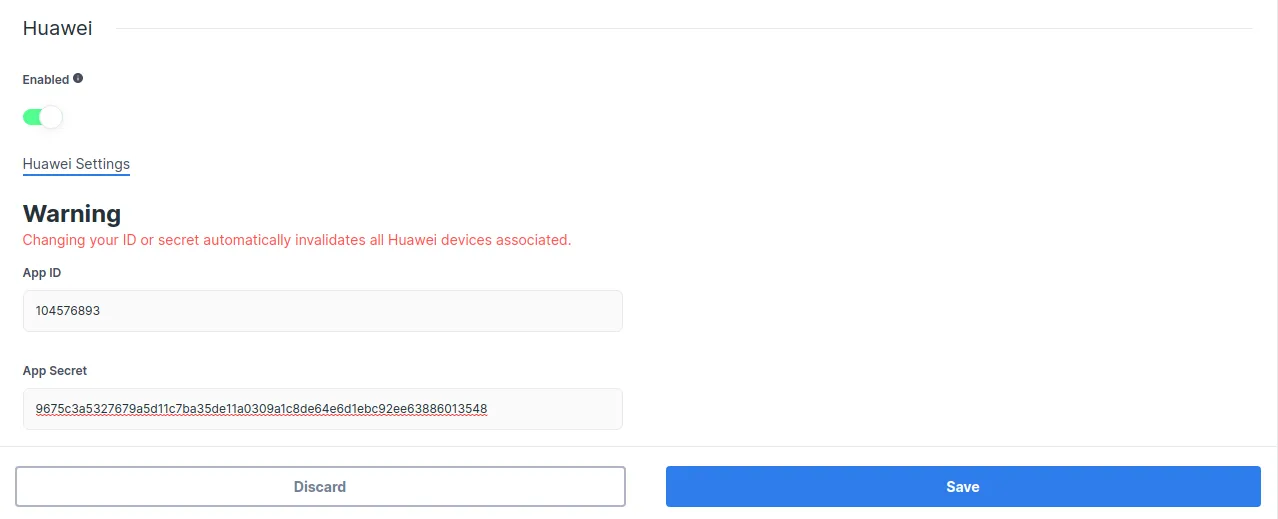 Setting up your Huawei App ID and App Secret on the Stream Dashboard