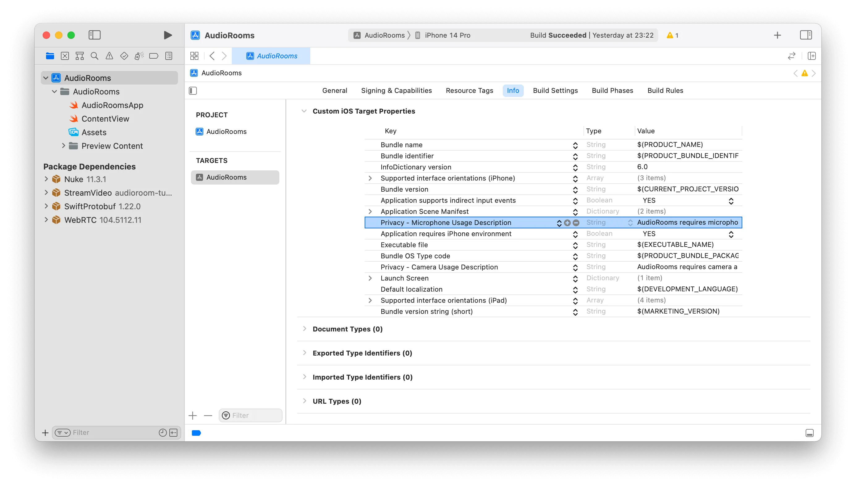 Screenshot shows permissions in the.plist file