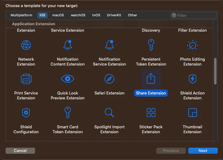 Screenshot shows an Xcode screen creating share extension